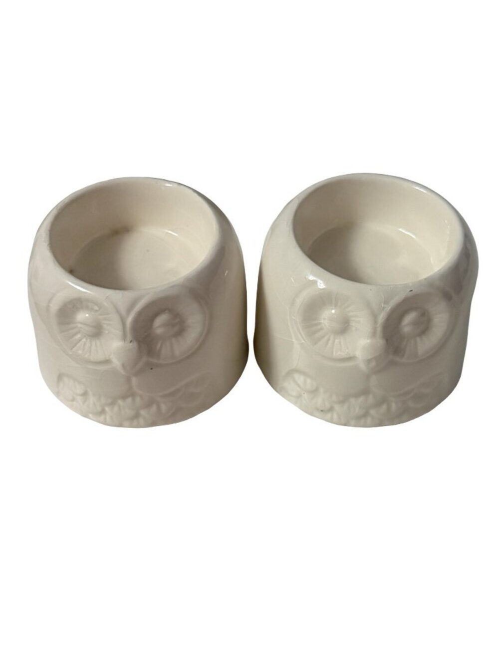 Vintage 1970s Ceramic Owl Candle Holders Pair Ivory White Crazed Glaze